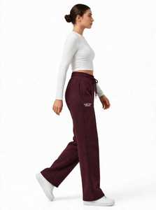 ONETEN APPAREL Pantalones Deportivos Anchos Color Borgoña para Mujer, Cintura Elástica con Cordón, Bolsillos Laterales, Joggers Casuales - Product Image 3