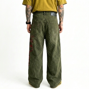 Jean en denim pour homme style américain, orné de strass, imprimé tie-dye, coupe ample et droite, tendance streetwear - Product Image 6