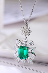 Glamorous <b>Emerald</b> Cut Green Gemstone <b>Pendant</b> Necklace With Diamond Flower Design 925 Silver Chain Jewelry - Product Image 1