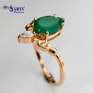 Bague en onyx vert naturel en forme de poire, argent sterling 925 plaqué or rose, bijoux floraux pour fiançailles, mariage, cocktail, pour femmes - Product Image 4