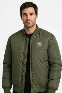 Blouson bomber épais coupe-vent pour homme à col montant, fermeture éclair, extérieur polyester/coton, rembourrage en coton, lettres imprimées en sérigraphie - Product Image 4