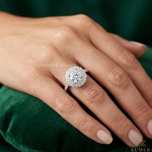 Bague de fiançailles Halo à taille ronde, double pavé, en or blanc 9K 10K 14K 18K pour femme, certifiée IGI - Product Image 6