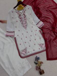 <b>Women's</b> <b>White</b> Embroidered Silk Anarkali <b>Suit</b> Palazzo Pants Maroon Dupatta Indian Pakistani Ethnic Wear Shreeji Fashion Quick Dry - Product Image 4