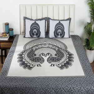 <b>Black</b> & White Peacock Printed Flat Cotton Bedsheet <b>Set</b> Double <b>Bed</b> Bedding 2 Pillow Covers Hotel & Home Style Wholesale Price - Product Image 2