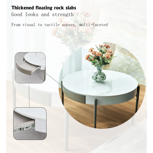 Modern <b>Round</b> <b>White</b> Real Wood Coffee <b>Table</b> with Drawers Metal Legs Golden Drum Coffee <b>Table</b> Circular Design - Product Image 5