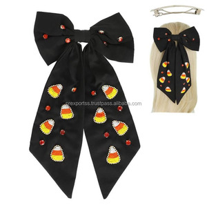 Halloween Candy Corn Hair <b>Bow</b> Rhinestone <b>Clip</b> Girls Rectangle Cheer <b>Bow</b> Orange Black Costume Party Accessory for Kids - Product Image 2