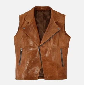Chaleco de Motocicleta de Cuero Genuino Color Bronceado para Hombre, Diseño con Solapa y Cremallera Diagonal, Sin Mangas, de Piel de Vaca, Servicio OEM, Transpirable - Product Image 4