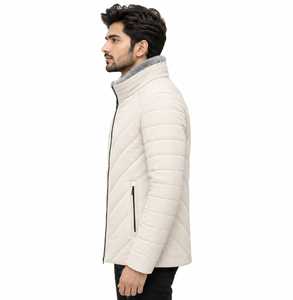 Veste matelassée beige pour homme avec col montant en fausse fourrure, fermeture éclair, coupe-vent, manteau d'hiver - Product Image 5