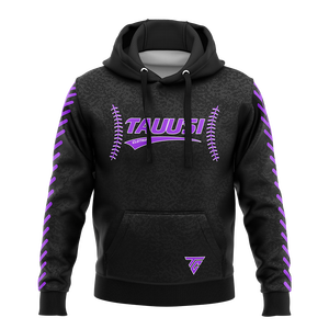 Sweat-shirt sportif en molleton noir uni pour homme, imprimé sur mesure avec poche avant et motif de couture de baseball violet par sublimation - Product Image 1