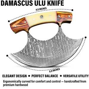 Custom Handmade Damascus Steel Pizza Cutter Ulu Knife Premium Wooden & Bone Handle Kitchen Axe with Genuine Leather Sheath - Product Image 2