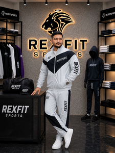 REXFIT SPORTS 2026 Ensemble de survêtement homme blanc et noir, fermeture éclair intégrale, col montant, ensemble de sport personnalisé pour l'entraînement et le jogging - Product Image 3
