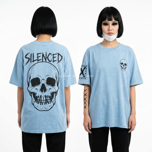 Camiseta de mujer Silence Stich con gráfico de boca y calavera, azul claro, lavado a la piedra, 190GSM, estilo streetwear personalizado, proveedor mayorista, camiseta a granel - Product Image 1