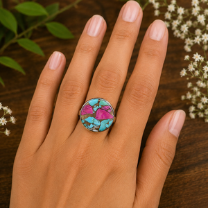 Anillo Redondo de Plata con Turquesa Algodón de Azúcar, Joyería Artesanal de Turquesa Mohave, Anillo Boho del Suroeste para Mujer, Regalo - Product Image 1