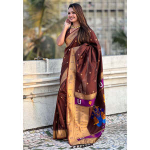 Sari de Seda Paithani Tradicional Tejido con Hilo Zari de Café Elite Weaves, Ropa India y Pakistaní Especial - Product Image 2