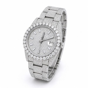 Montre de luxe pour homme en acier inoxydable, ronde, à quartz, avec lunette sertie de diamants et cadran analogique - Product Image 1