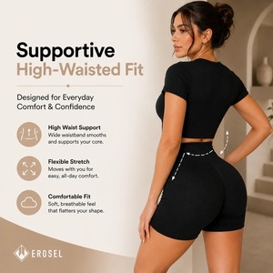 Conjunto deportivo de dos piezas sin costuras para mujer, con top corto con cremallera y pantalones cortos de cintura alta, ropa deportiva informal. - Product Image 4