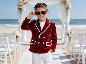 Traje de Blazer Cruzado de Terciopelo Verde Oscuro para Niños, Ideal para Bodas, Ceremonias en la Playa y Eventos Formales - Product Image 5
