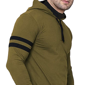Sweat-shirt à capuche pour homme, vert olive, coupe ajustée, manches longues, pull en tricot décontracté avec rayures noires et poche - Product Image 4