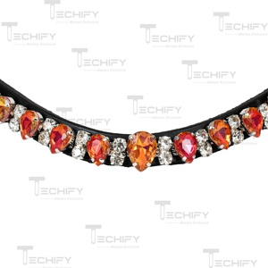 Diadema de Cuero Negro Premium para Caballo con Cristales de Estrás Rojo Anaranjado Curvos y Brillantes para Equitación MS TECHIFY EXPORTS LB007 - Product Image 6