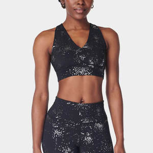 Women's Black Sports Bra With White Speckle Pattern High Support Adjustable Straps Yoga Workout Top - Product Image 5