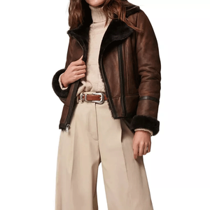 Women's Genuine Leather <b>Racer</b> <b>Jacket</b> Solid Color Zipper Closure Sherpa Lined Autumn Winter Outerwear Regular Length Full Sleeve - Product Image 5
