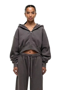 Best Quality Embroidery Washed Cropped Sport Street Wear Custom Logo Zip Up Two 2 Piece Sweatpants And <b>Tracksuits</b> For Women - Product Image 6