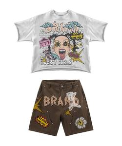 High Quality 200 GSM Cotton T Shirt and Shorts Set <b>White</b> <b>Tee</b> Black Shorts Puff Print Custom Logo 2 Pieces Sets - Product Image 5