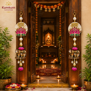 Décoration murale artisanale indienne suspendue en forme de vache Lotus Kamdhenu Royal Shubh Labh pour Diwali, Pooja, mariage, fêtes et décorations intérieures - Product Image 1