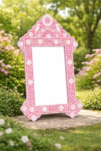 NEHA ENTERPRISES Pink Floral Bohemian Inlay Handmade Eco-Friendly <b>Lightweight</b> Irregular Shape Decorative MDF Framed Wall <b>Mirror</b> - Product Image 5