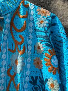 Handcrafted Breathable Cotton <b>Kantha</b> Suzani Embroidered Stand Collar Long <b>Jacket</b> Ethnic Boho Chic Casual Layering Outerwear - Product Image 2