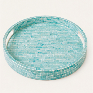 Round Capiz Shell <b>Mosaic</b> Decorative Tray Luxury Turquoise Mother of Pearl Inlay Serving Tray with Cutout Handles for Home Decor - Product Image 5