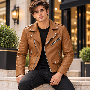 Veste de motard en cuir véritable marron pour homme, coupe ajustée, style vintage punk rock, avec fermeture éclair, veste de travail - Product Image 6