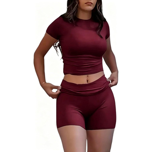Women's <b>Red</b> Sporty 2-Piece Set Short Sleeve <b>Crop</b> <b>Top</b> High Waisted Shorts Solid Knitted Breathable Spring Summer - Product Image 2