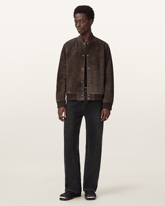 <b>Men's</b> Brown <b>Suede</b> Bomber <b>Jacket</b> Stand Collar Casual Autumn Style Regular Fit Button Closure Solid Color - Product Image 2