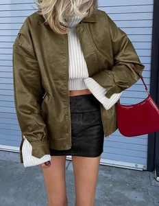 Veste moto pour femme en cuir PU vert tressé, à manches longues, fermeture éclair, col rabattable, style automne - Product Image 4