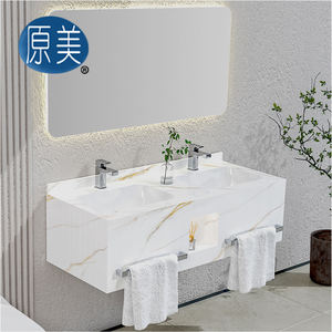 Mueble de Baño Moderno de Pared con Lavabo de <span class=keywords><strong>Roca</strong></span> de Pizarra, Mueble de Lavabo de Lujo para Hotel con Iluminación LED, Nicho y Toallero - Product Image 5