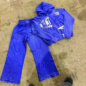 Personnalisable Détresse Strass Lavage À L'acide Zip-Up Survêtements Hommes Femmes Évasée Survêtement Lourd À Capuche Pantalon De Survêtement - Product Image 1