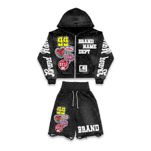 Streetwear Custom Men <b>Two</b> Piece Set Heavyweight Rhinestone Printed Zip-Up Hoodie and <b>Double</b> Waist Shorts for Men 2026 - Product Image 1