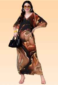 Robe Kaftan Courte pour Femme – Imprimé Paon Ethnique Jaune et Vert, Tunique Ample Festive - Product Image 3