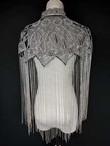 Women's COTTON COUTURE <b>Silver</b> Crystal Beaded Floral Polyester Shoulder <b>Cape</b> with Fringe Collar Wedding Party Wrap - Product Image 4