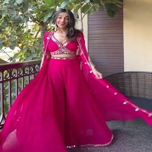 VASTRA COTTAGE Conjunto Lehenga Choli Tradicional de Georgette Rosa con Bordado de Espejo, Listo para Usar, para Todas las Estaciones, con Palazzo y Shrug, para Fiesta de Mujer - Product Image 6