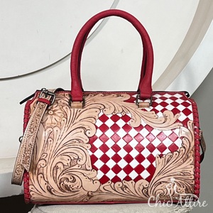 Bolsos de Viaje de Cuero Repujado Hechos a Mano de Gran Capacidad, Bolsos de Mano de Estilo Vintage Occidental a Cuadros de Primera Calidad para Mujer - Product Image 1