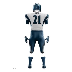 Men's <b>White</b> Navy Blue Pro Style American Football Uniform Set Jersey Padded Pants Custom Name Number Sublimation OEM Wholesale F - Product Image 2