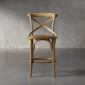 Tabouret de bar classique en bois à dossier croisé avec siège en rotin tressé à la main, chaise de bar pour restaurant, comptoir de café et projets hôteliers - Product Image 1