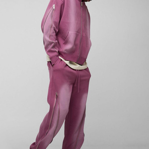 Men's Pink Hooded Tracksuit Full <b>Zip</b> Sweatshirt and Pants Set Casual Loose Fit Solid Color Breathable Polyester Autumn Wear - Product Image 3