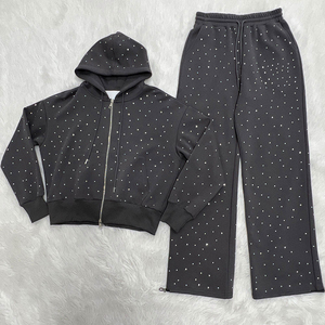 Great Quality Casual Short Two-Piece Breathable Lightweight Sweatsuit Men <b>Glitter</b> Rhinestones 100% Cotton Velvet Hooded Winter - Product Image 1