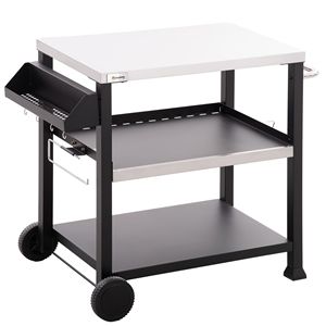 Carrello da Esterno in Acciaio Inox a 3 Ripiani con Ruote Nere e Maniglia Laterale per Forno Pizza - Product Image 1