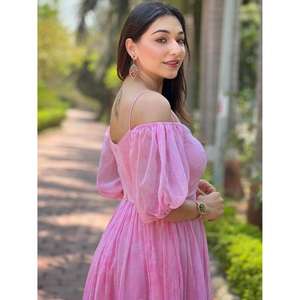 Vestido largo rosa con hombros descubiertos para mujer, vestido largo con volantes escalonados, ropa de verano para fiesta y resort - Product Image 4