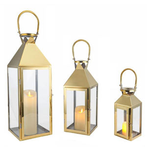 Vente en gros de lanternes en métal et en verre avec finition dorée brillante, style moderne, lanternes à bougies pour l'extérieur, fabrication artisanale personnalisée - Product Image 1