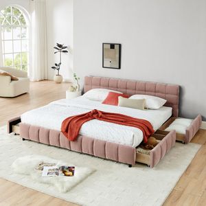 <b>King</b> <b>Size</b> Chenille Fabric Upholstered <b>Bed</b> <b>with</b> Solid Headboard and <b>Drawer</b> Comfortable <b>Bed</b> <b>Frame</b> - Product Image 1